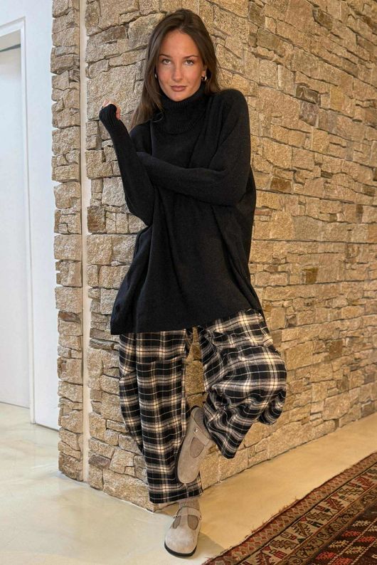 Patrick Plaid Brushed Cotton Barrel Pant Black - 